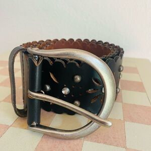 VTG Y2k Express Black Leather Daisy Eyelet Cut Out Studded Diamond Belt Boho L